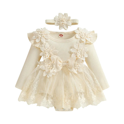 Pudcoco Infant 2-Piece Baby Girls Set 3D Flower Bow Long Sleeve Mesh Dress Romper Headband Adorable Ribbed Outfits 0-18M