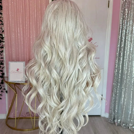 Loose Curly Ombre White Blonde With Short Roots Lace Top Wig With Bangs Synthetic And Blend Lace Premium Fibre Heat Resistant