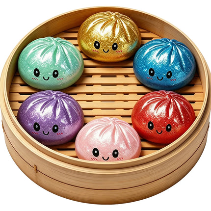 Realistic Colorful Dumpling Squishies with Bamboo Steamer, Ultra Soft and Quick Rebound, Stress Relief Toy, Venting Device