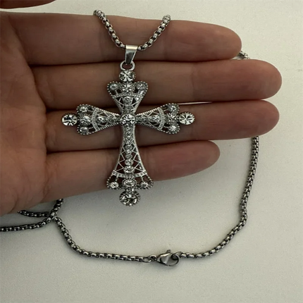 Vintage Cross Pendant Necklace Unisex Versatile Simple Long Sweater Chain Hip Hop Accessory