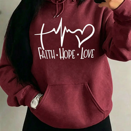 Fashion Faith Hope Love Letter Graphic Hoodies Women Loose Oversized Heart Pulse Print  Sweatshirt Black Daily Casual Hoody