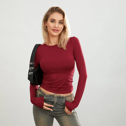 Women's Long-Sleeve Basic T-Shirts Solid Color Crew Neck Casual Shirts Fall Slim Fit Tops Streetwear