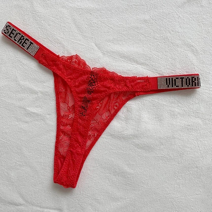 2025 New Satin Letter Rhinestone G-String Women Underwear Sexy Lace Lingerie Low Waist Seamless Panties Panties