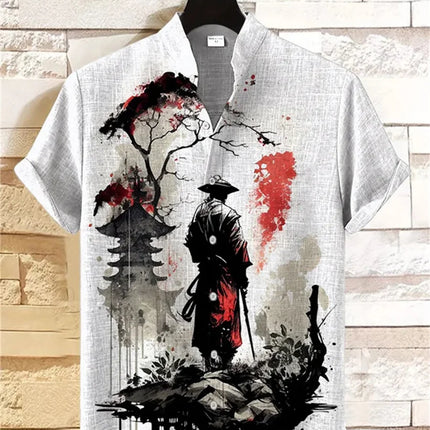 Men's short-sleeved shirt with samurai print and stylish ink painting design, summer casual men's top, trendy retro streetwear.