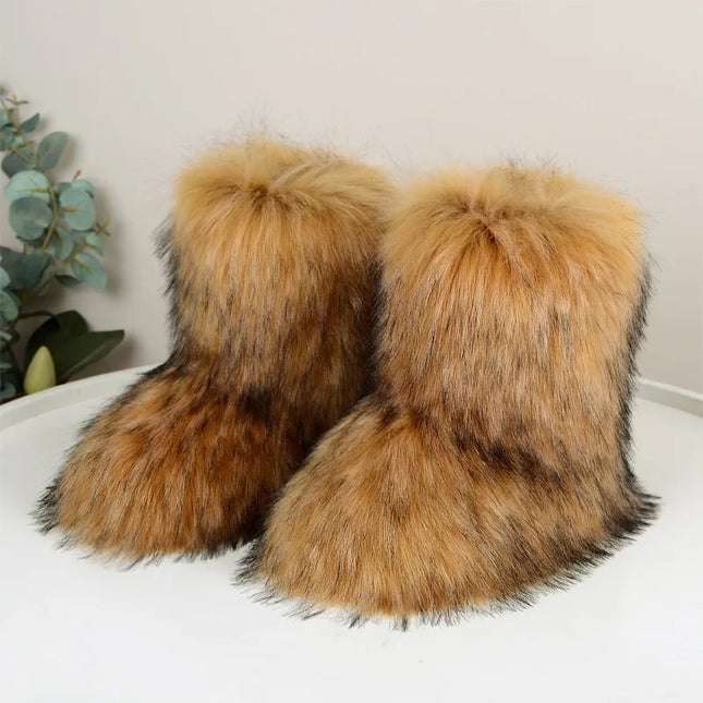 Women Faux Fur Boots Winter Fluffy Plush Warm Mid Calf Snow Boots Luxury Fashion Furry Boots Comfortable Outdoor Flat Shoes