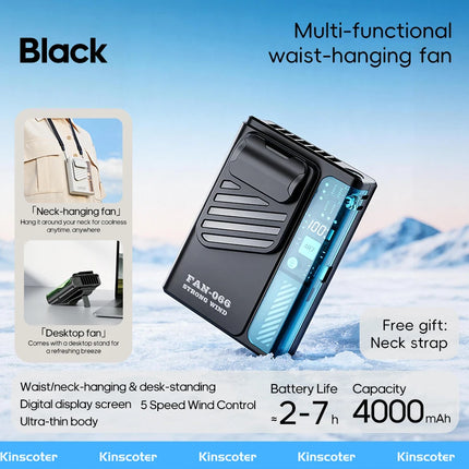New Outdoor Hanging Waist Fan 4000mAh USB Multi-functional Mini Cooling Fan 5 Speed Digital Display Portable Rechargeable Fan