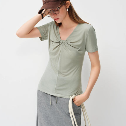 FSLE 2026 Spring Summer Women's Slim Fit V-Neck Short Sleeve Knit Top Mulberry Silk Cupro Blend Shirt for Lightweight Soft Touch