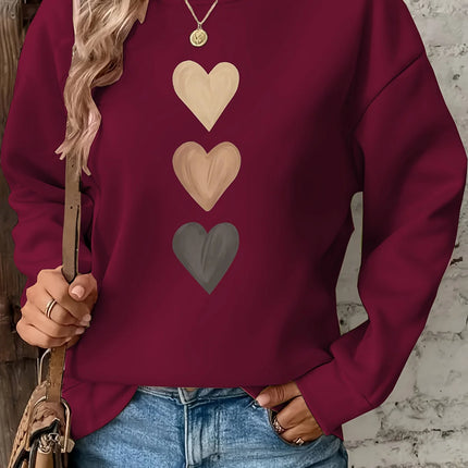 Women's Casual Heart Print Pullover Sweatshirt Geometric Design Long Sleeve Round Neck Machine Washable Regular Fit for Autum