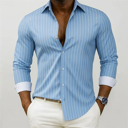 New men's striped shirt, outdoor street style, business casual, lapel collar, long sleeves, versatile and fashionable men's top.