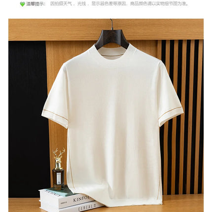 2026 Spring/Summer New Men's Short Sleeved 100% Wool T-Shirt Sweater O-neck Solid Color Loose Knit Pullover Business Casual Tops