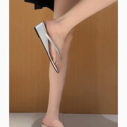 Summer Women Wedges Heel Silver Slippers Outdoor Street Style Dress Shoes Ladies Outdoor Beach Vacation Clip Toe Slides