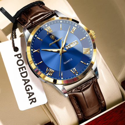 POEDAGAR Original Luxury Men's Wristwatch Leather Date Week Quartz Fashion Men Watch Waterproof Luminous Classic Watches For Men