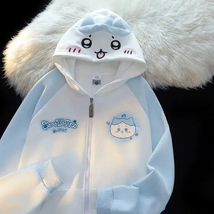Japanese Kawaii Rabbit Ears Hoodie Sweatshirts Spring Autumn Lazy Sweet White Blue Cardigan Long Sleeve Loose Knitted Top