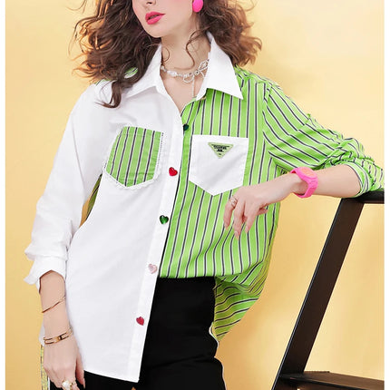 Spring new striped stitching high-end temperament casual women's shirt top for women