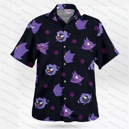 Anime Gengar Pattern Pokemon Button Up Hawaiian Shirt Summer Sports Dry Quickly Men's T-Shirt Kids Clothing Tee Y2k Woman Shirt