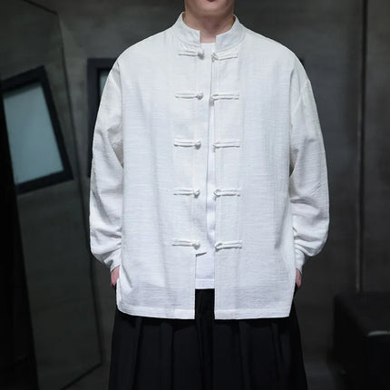 Chinese Style Men Long Sleeve Casual Shirt New 2026 Spring Vintage Mandarin Collar Loose Male Cotton Linen Tops Shirts N055