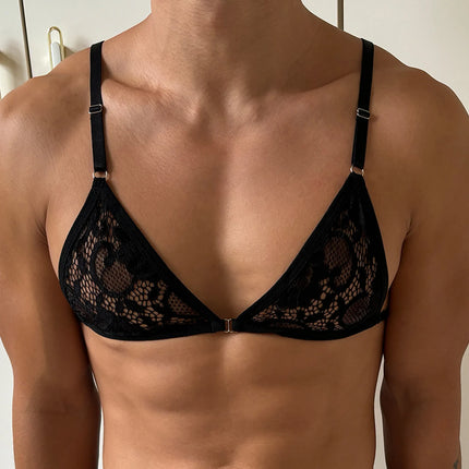 Sexy Men Erotic Lace Bra Man Crossdresser Sissy Lingerie Spaghetti Straps Adjustable Wire-free Unlined Tops Transparent