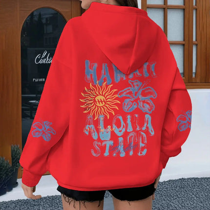 Fashion Ocean Beach Series Women's Hoodies Y2K Floral Letter Starfish Hooded Long Sleeve Loose Sweatshirts With Kangaroo Pocket
