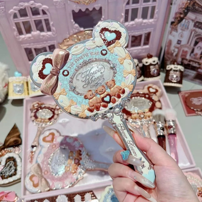 Flower Knows Sweetie Bear Collection Hand-Holding Mirror 3 Types Exquisite Relief Makeup Tools Cute HD Makeup Mirror