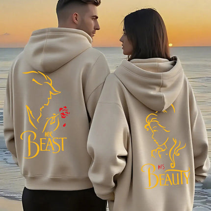 Romantic Theme Beauty and the Beast Couple Hoodies Men'S Women'S Separate Styles Pullover Casual Loose Fit Sweatshirt Hoodie Y2K