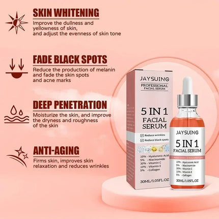 Jaysuing 5 In 1 Hyaluronic Acid Face Serum 30ml Moisturizing Vitamin C Collagen Lightning Facial Serum Shrink Pores Skin Care