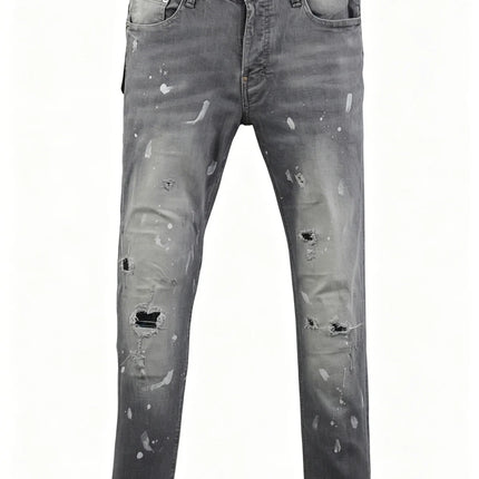 6058 Four Seasons New Men's Wash Grinding Hole Patch Paint Splash Ink Micro-bullet Leg Grey Jeans for Men