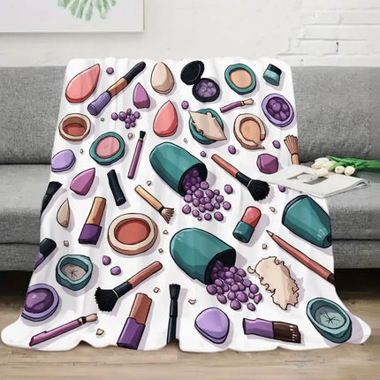 Makeup-Themed Flannel Blanket with Lipstick, Eyeshadow, Brushes & Beauty Palettes - Soft Warm Cozy Bedspread for All Seasons, Be