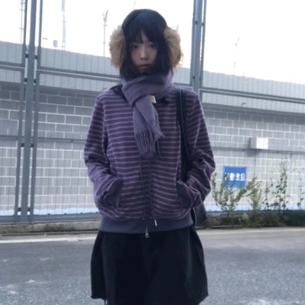 Japan Retro Harajuku Spring Autumn Y2K Purple Striped Cardigan Casual Street Women Coat Harajuku Punk Zipper Loose Sweatshirt