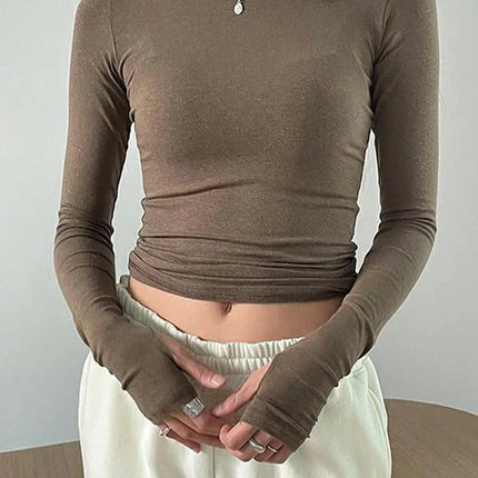 Women Casual Slim Fit Long Sleeve O-Neck T-shirts Tops Spring Fall Solid Color Tees with Thumb Holes Streetwear