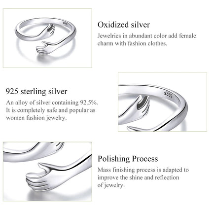 BAMOER 925 Sterling Silver Hug Open Ring Warm Love Hand Adjustable Glossy Ring for Women, His Big Loving Family Party Gift