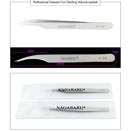 NAGARAKU 2pcs set for eyelash extension professional tweezers N-01 and N-02 for divide volume eyelash