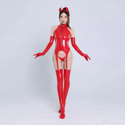 Latex Leather Catwoman Bodysuit Erotic Lingerie 5 Piece Set Zipper Thong Stockings Gloves Ears Fetish Outfit Halloween Cosplay