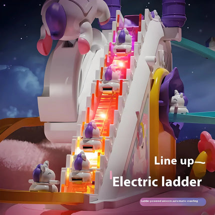 ABS Electric Unicorn Track Toy, 3 Mini Unicorns, Auto Stair Climbing, LED Music Castle Slide Girls Gift