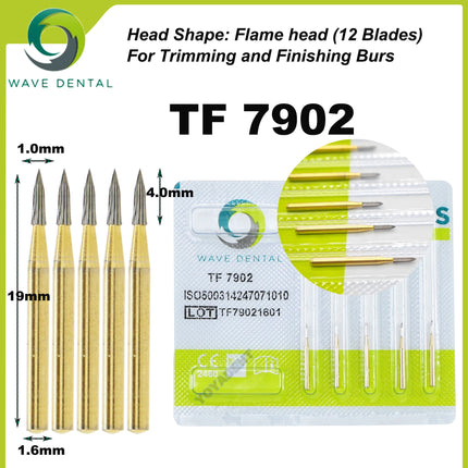 WAVE Dental Burs Tungsten Carbide Burs Gold Plated Trimming and Finishing 12 Bladed TF Series For High Speed Handpiece 5pcs/Pack