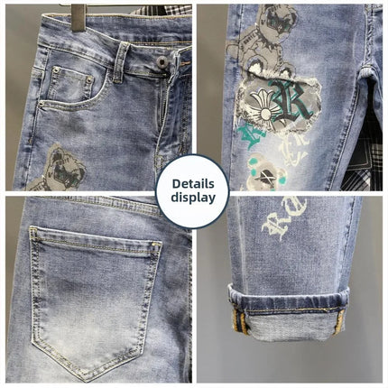 New 2025 Men's Casual Slim Jeans for Spring Autumn with Bear Print Pencil Pants Style Luxury Clothing Cowboy Streetwear Pants