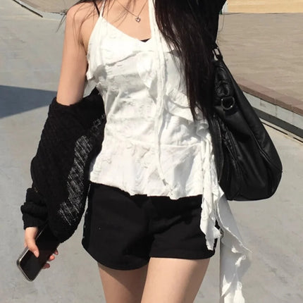 Unique SEI Korean Style Summer Irregular Lace Trim Splice Slimming Strap Top Rivet Denim Shorts Women's Commute Straight Leg Fit