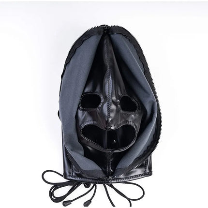 Leather Mask Full Face Double Layer Headgear Zip Head Hood Adjustable Lace-up Leather Bondage Masks Halloween Cosplay Party Mask