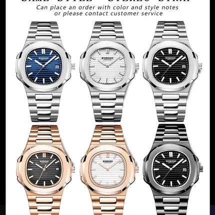 BINBOND Luxury Military Man Watch Square Waterproof Luminous Date Week Men Watch Stainless Steel Quartz Men's Watches Reloj