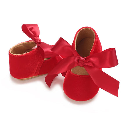 Spring and Autumn Red Fluffy Children's Shoes 0-1 Year Old Women's Treasure Bow Solid Color Princess Soft soled Shoes Baby Shoes