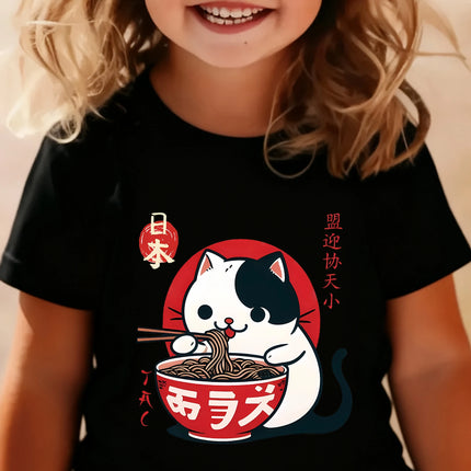 Japanese Style Cat Eat Ramen Design T Shirts Manga Kids Children's T-shirt Boys Girls Summer Spring Casual Top Tee