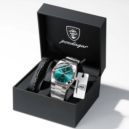 POEDAGAR Fashion Casual Men's Wristwatch Waterproof Luminous Date Week Men's Watches Stainless Steel Quartz Business Men Watch+Box