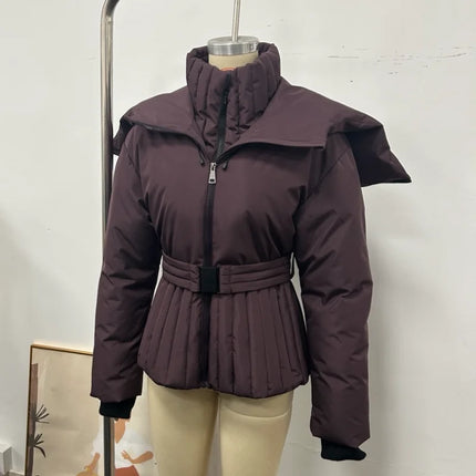 Women Peplum Ski Jackets Hooded Stand Collar Belt Waist Zipper Solid Puffer Jacket Fashion Sheath Warm Sport Winter 2025 Skiwear