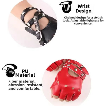 Punk Style Willow Nail Leather Half Finger Gloves for Women Cool Sexy Rock Dance Gloves Sexy Wrist Wrapping Hollow Gothic Gloves