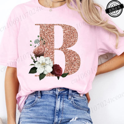T Shirt for Women Clothing Summer Short Sleeve Tee shirts Rose Gold Letter A~Z Printed Graphic Tops Female T-Shirts Clothing