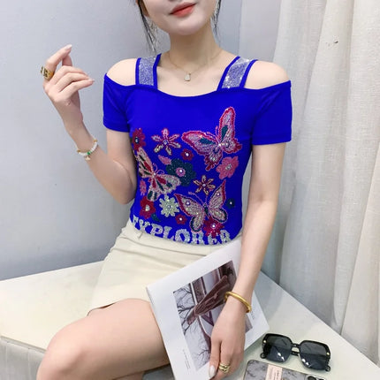 Summer Streetwear Fashion Women's T-shirt Luxury Design Butterfly Hot Diamonds Tee Sexy Off Shoulder Girls Tops European Clothes