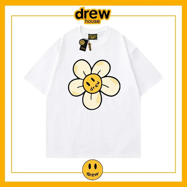 Drew House New Men's Clothing Flower Printed Logo T Shirt Men's and Women's Printed Loose Short Sleeve T-Shirt Ropa Hombre