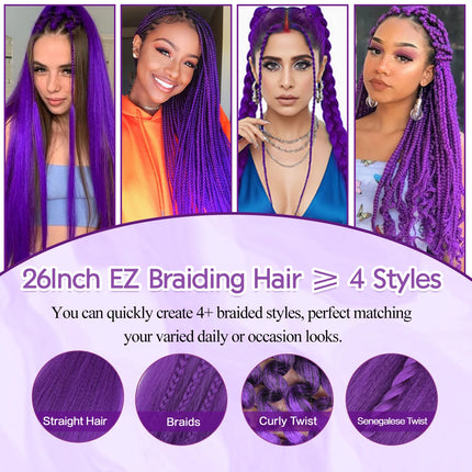 Synthetic Jumbo Braids DIY Ponytail 2Packs Long Purple Braiding Hair Pre Stretched Purple Stage Party Halloween Costume Cosplay