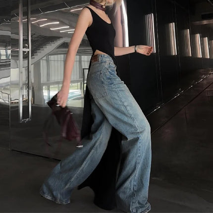Lamuusaa Long Tank Tops y2k Clothes Women Casual Solid Color Sleeveless Asymmetric Hem T Shirt Vest 2000s Clothing Streetwear