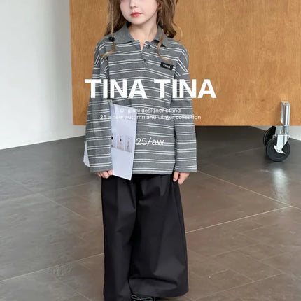 SeasonSea 2025 Autumn Girls Striped Polo Shirt Long Sleeve Turn-down Collar Top Korean Style Loose Kids Casual Cotton T-Shirt
