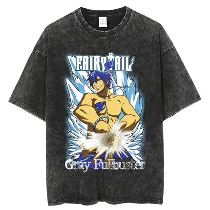 FAIRY TAIL Anime Manga Peripherals T-shirt Natsu Lucy Happy Gray Graphic Print Washed Vintage Short Sleeve Men Women Cotton Tee